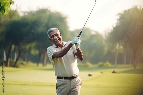 Active Senior Golfer: Indian Man Swinging a Golf Club and Hitting the Ball on a Sunny Day at a Country Club, Enjoying Outdoor Golfing on a Summer Vacation generative ai © RamvijayB
