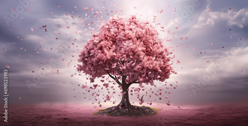 tree in water, tree with petals, tree in the wind, tree with flowers, a design showing pink tree petals are falling © Yasir
