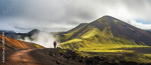 Scenic Kerlingarfjoll Volcanic Mountain Range: Tourists Hiking amidst Sulfur Smoke in the Icelandic Highlands during Summer generative ai photo