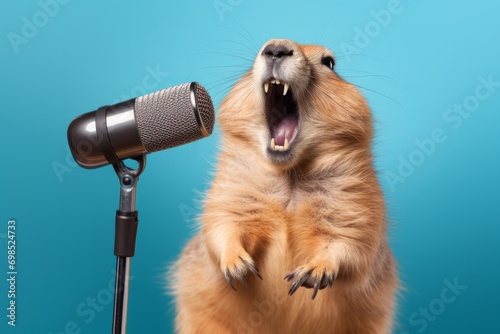 A prairie dog singing into a vintage microphone.