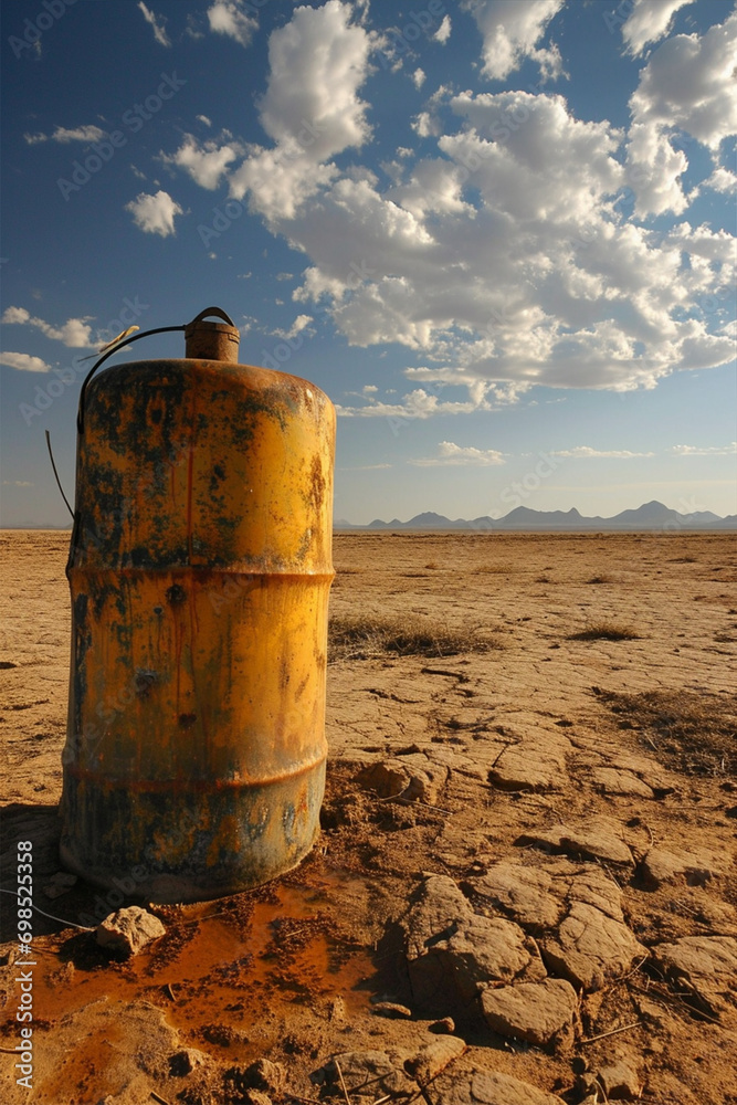 Dirty barrel of drinking water in the middle of the desert