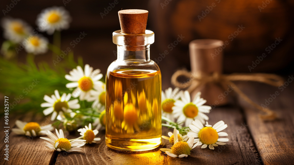 Chamomile essential oil in a small bottle. Selective focus. Generative AI, Chamomile essential oil in a small bottle. Selective focus. Generative AI,