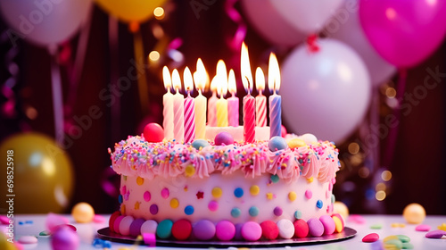 Birthday cake with candles and balloons on blurred background  closeup 