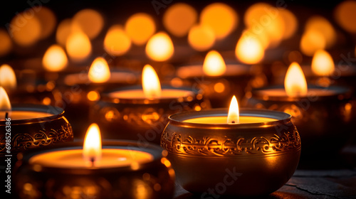 Many burning decorative candles with shallow depth of field.