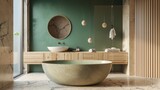 Modern minimalist bathroom interior. Green wall, grey marble floor, hanging cabinet with countertop sink, freestanding green bathtub, bathroom accessories, panoramic windows.