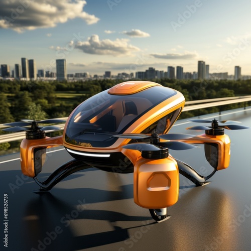 Futuristic orange passenger drone takes off from an airstrip near a modern city. Electric Vertical Take Off and Landing E-VTOL Aircraft used in urban passenger transportation. photo