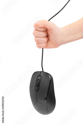 Obraz na płótnie A child's hand holds a black computer mouse by the wire on a transparent and white background