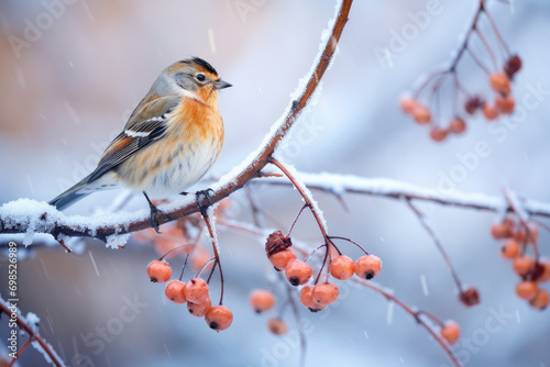 Rock bunting bird sitting on berry tree branch in winter forest © Kien