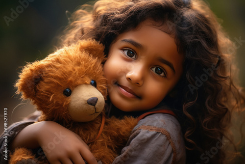 Cute Indian girl hugging teddy bear and smiling