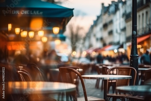 Unfocused cafes, buildings and people. Natural bokeh of city centre view, blurred out of focus background. photo