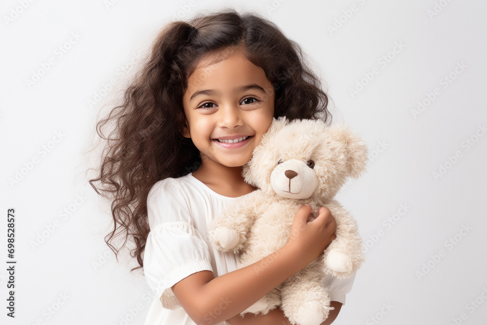 Cute Indian girl hugging teddy bear and smiling Cute Indian girl hugging teddy bear and smiling