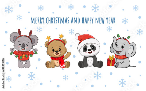 Cute cartoon animals Isolated on white. Christmas  Illustration for design, banners, children's books and patterns.Teddy Bear,panda, koala and elephant cub. Xmas. Vector 