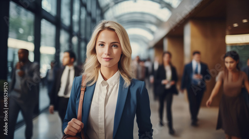 A Confident Businesswoman Striding Through a Modern Office