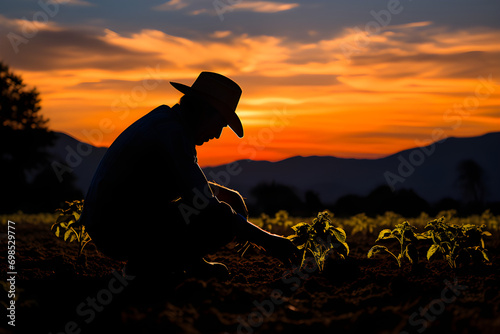 silhouette of a farmer wearing a hat is crouching in the field at dusk, with young plants around him and a beautiful sunset in the background