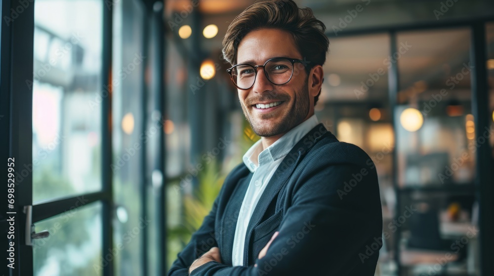 Balanced and cheerful young businessman standing in his office. Successful company manager. A charismatic and self-confident young professional is smiling Balanced and cheerful young businessman standing in his office. Successful company manager. A charismatic and self-confident young professional is smiling