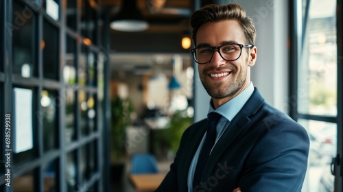 Balanced and cheerful young businessman standing in his office. Successful company manager. A charismatic and self-confident young professional is smiling