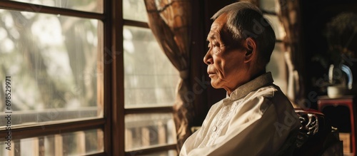 Relaxed elderly Asian man in room. photo