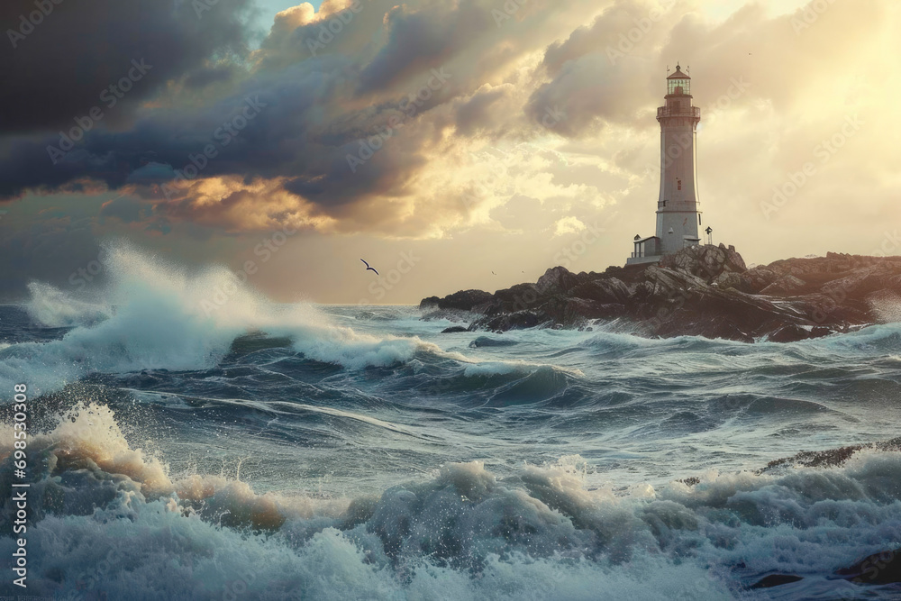 Lighthouse in rough, stormy sea, generative AI