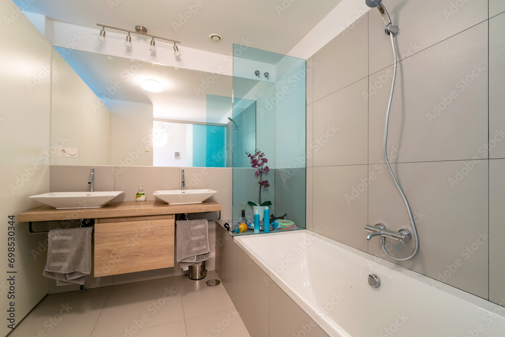 an image inside a mediterranean holiday home of a twin washbasin bathroom an image inside a mediterranean holiday home of a twin washbasin bathroom