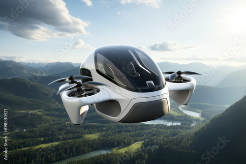 Fotografia Futuristic white passenger drone flying over the picturesque lake, forest and mountains