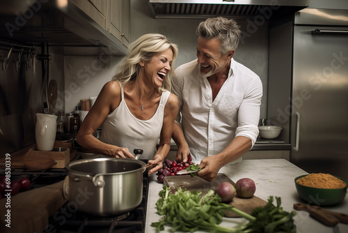 Happy white-haired 50s couple standing in kitchen at home preparing delicious dinner together, chatting with spouses enjoying pleasant conversation and preparation process, taking care of health