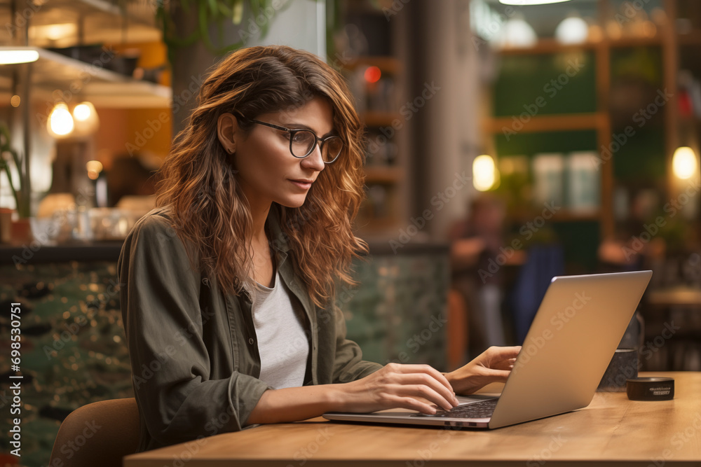 Young woman with glasses works concentrated with laptop while sitting at cafe indoors Young woman with glasses works concentrated with laptop while sitting at cafe indoors