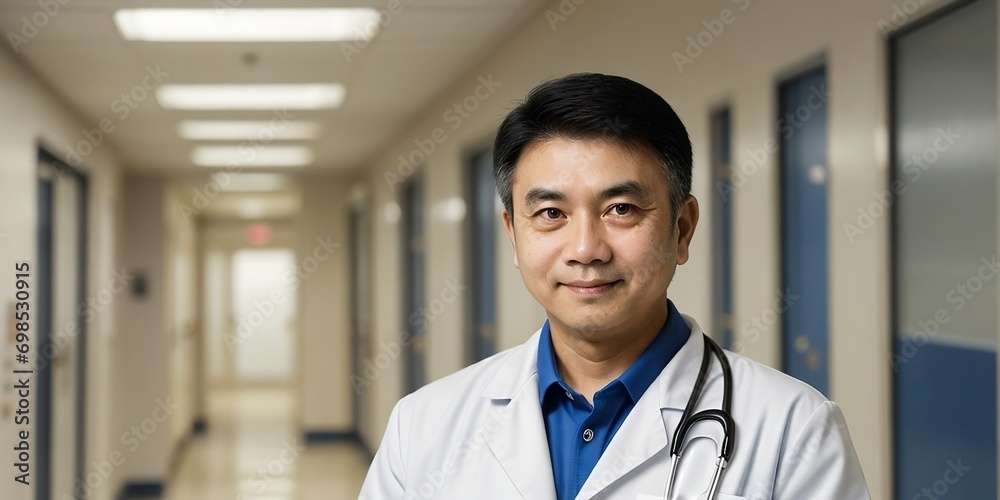 Asian doctor confidently smiling and looking at the camera against a hospital background with copy space. Asian doctor confidently smiling and looking at the camera against a hospital background with copy space.