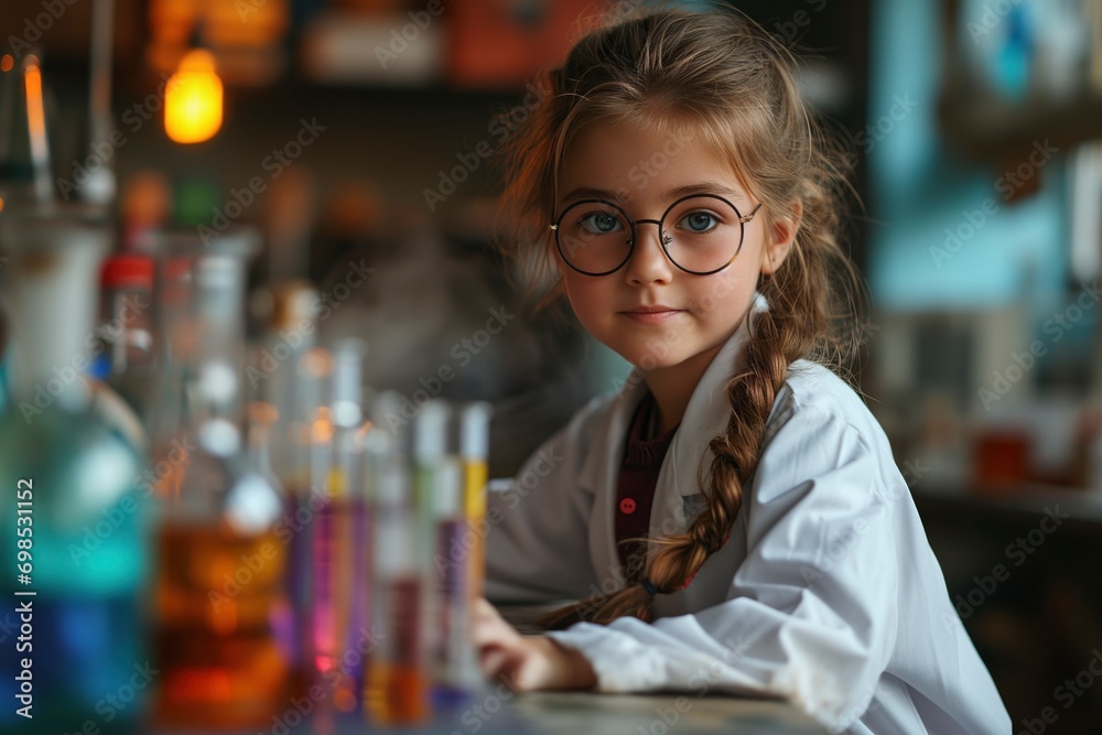 A little girl in a white coat and glasses in the laboratory holds test tubes with multi-colored liquid in her hands, steam comes from the test tube - obrazy, fototapety, plakaty 