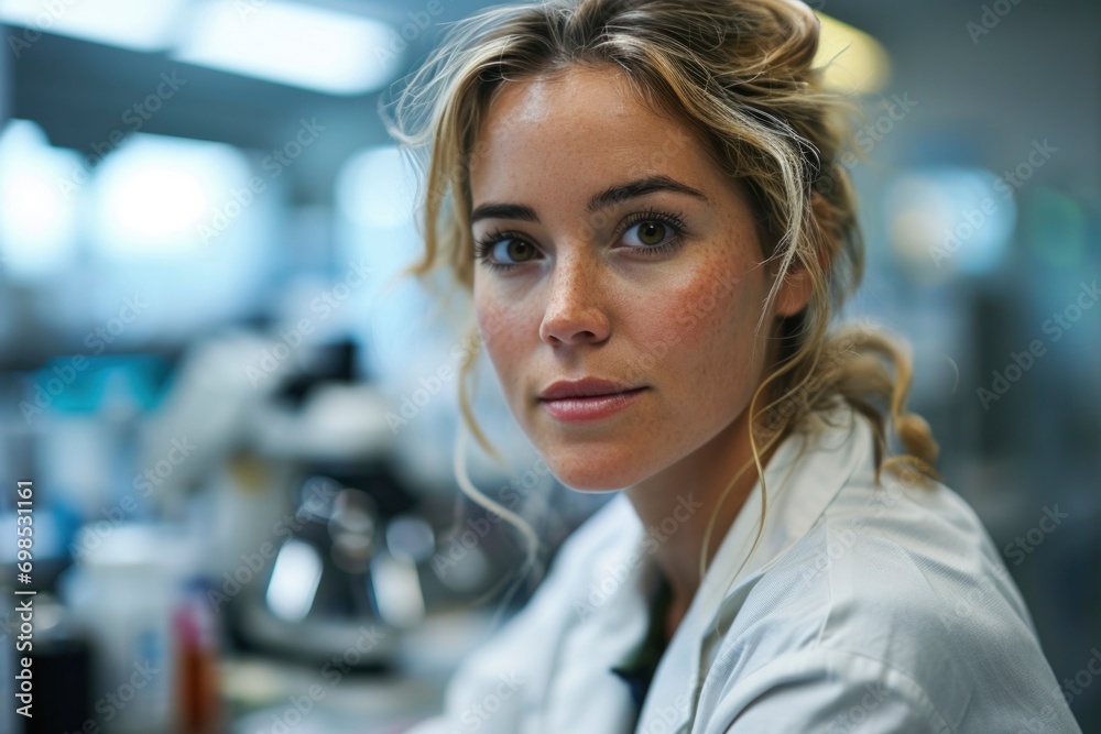 A skilled woman scientific researcher, adorned in a white lab coat, passionately conducts experiments in a cutting-edge laboratory. 
