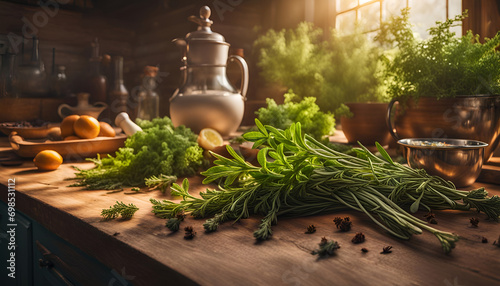 frische grüne Kräuter und Gewürze liegen in Bündeln lose oder in Schalen auf einem alten Holztisch in der Küche, bereit um für Essen, kochen, braten zubereitet zu werden, Hintergründe Feinschmecker 