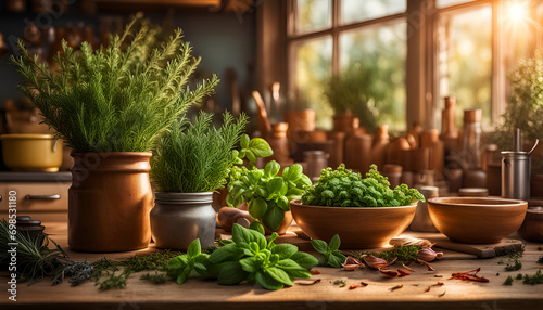 frische grüne Kräuter und Gewürze liegen in Bündeln lose oder in Schalen auf einem alten Holztisch in der Küche, bereit um für Essen, kochen, braten zubereitet zu werden, Hintergründe Feinschmecker 