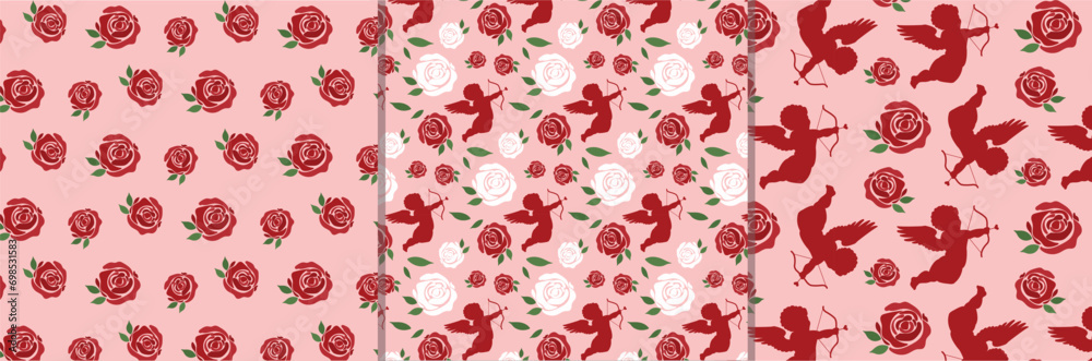 set of vector st valentines day seamless patterns with roses and cupids. collection of repetitive valentine romantic backgrounds. floral love pink and red patterns
