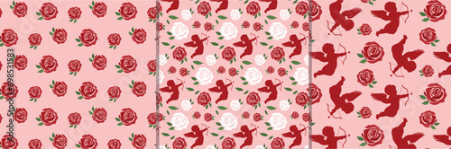set of vector st valentines day seamless patterns with roses and cupids. collection of repetitive valentine romantic backgrounds. floral love pink and red patterns
