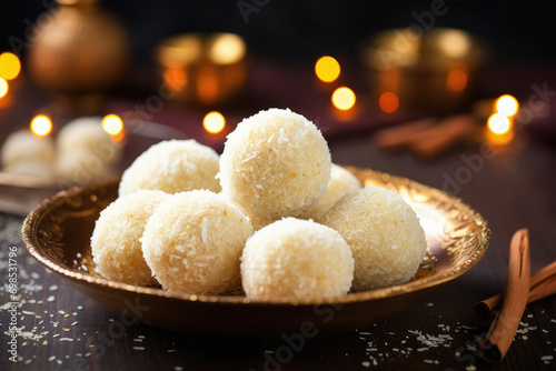 Indian sweets ball called laddoo for diwali festival made from semolina photo