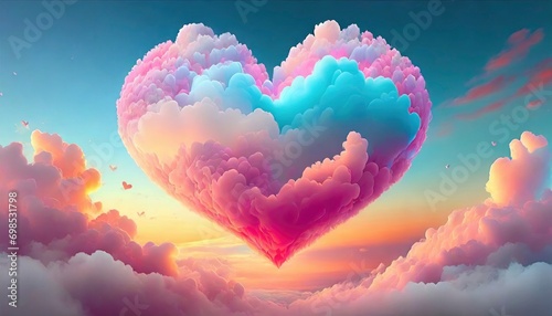 Colorful Valentine's Day. A Beautiful Heart Floating Among the Clouds, Creating a Dreamy and Abstract Background for the Celebration of Love.