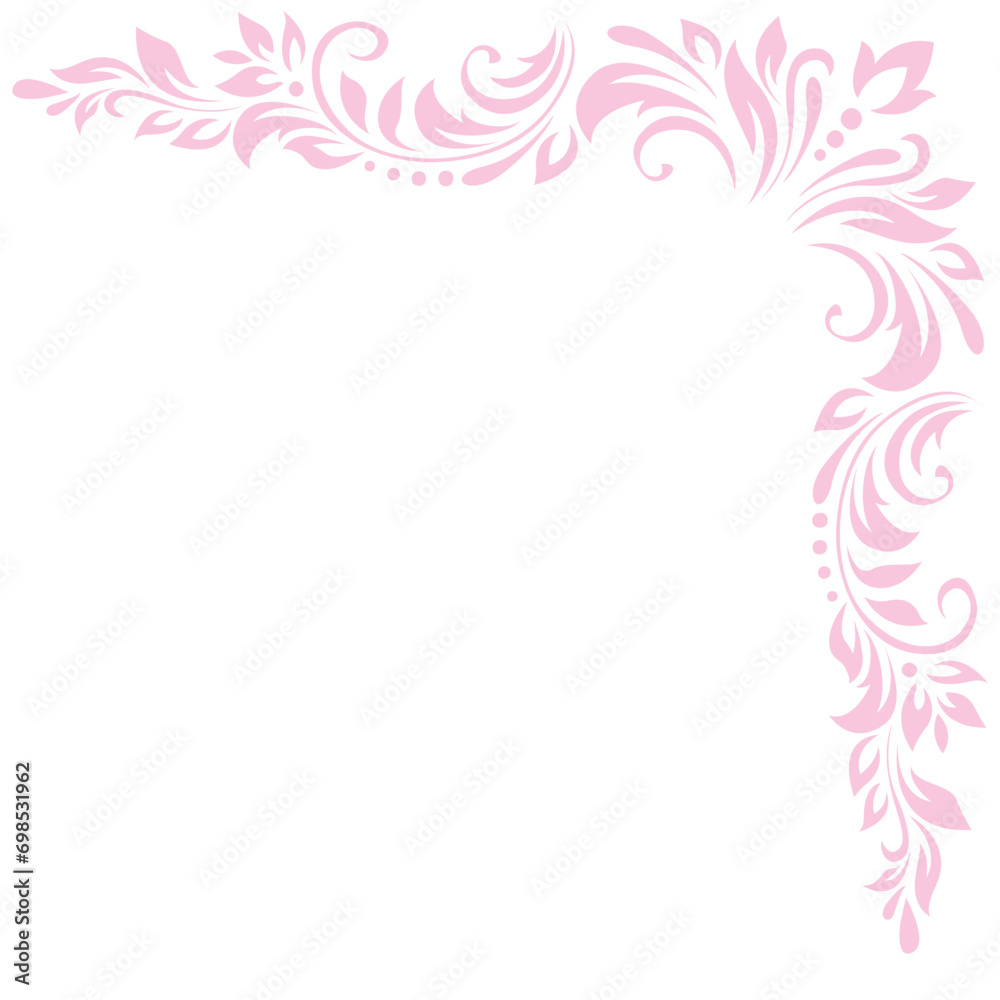 Abstract delicate pattern, decorative element, clip art with stylized leaves, flowers and curls in pink lines on white background. Corner vintage ornament, border, frame