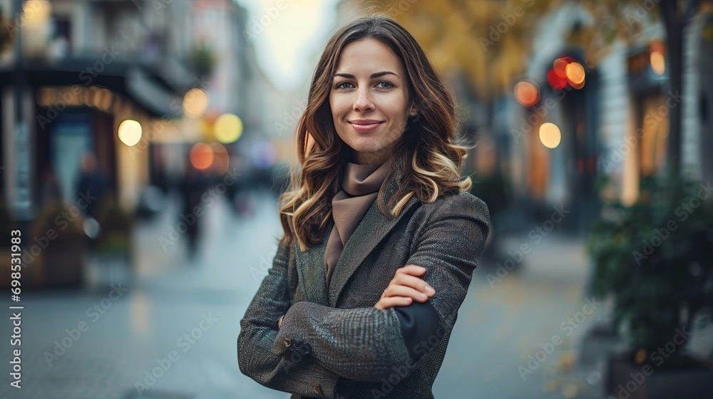 Optimistic businesswoman stands confidently on the street with her arms crossed Optimistic businesswoman stands confidently on the street with her arms crossed