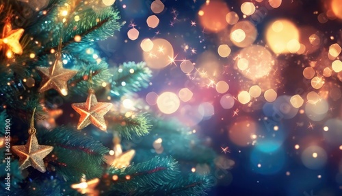 A Christmas Tree Adorned with Glittering Lights and Stars, Creating an Abstract Defocused Background with Sparkling Bokeh, Evoking the Magic of the Holiday Season. © RABEYAAKTER