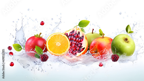 Fruits on a white background cut and whole with splashes of juice   Splash of water and fresh fruit on a white background   Refreshing Fruit Splash on White Background