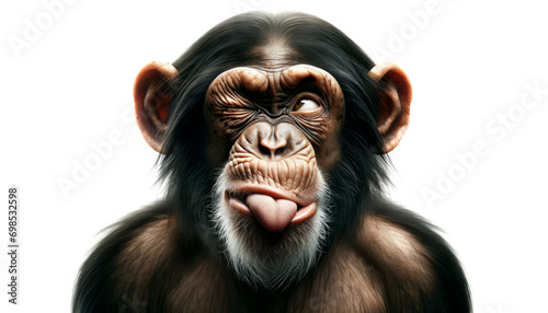 chimp Monkey with tongue out and winking one eye closed. Isolated on White colored background. Funny chimpanzee winking and sticking out tongue, with copyspace for text