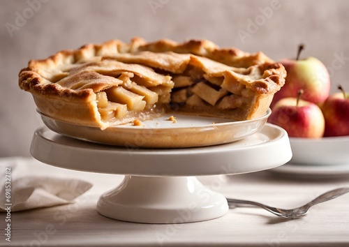 Composition with delicious apple pie on light background