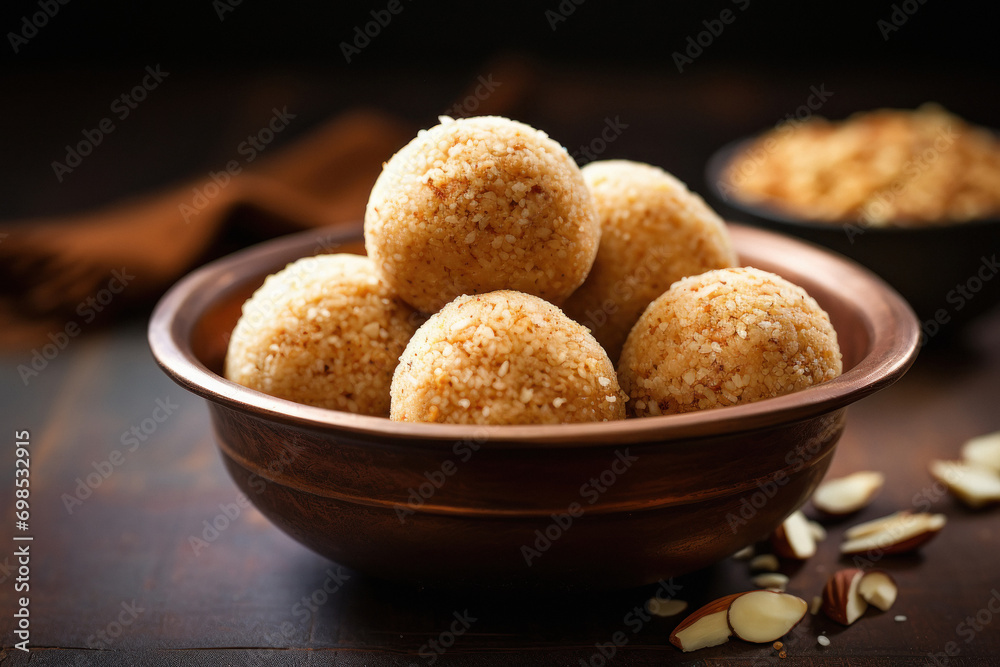 Indian sweets ball called laddoo for diwali festival made from semolina Indian sweets ball called laddoo for diwali festival made from semolina