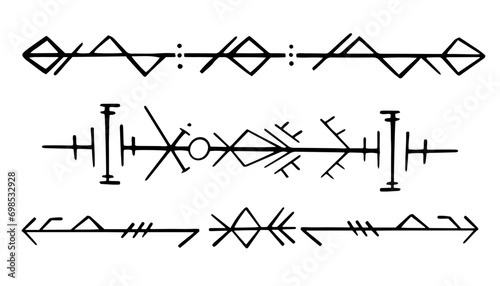 Nordic celtic runes header divider, set norse protection symbols in doodle style, amulet, witchcraft signs on white background.