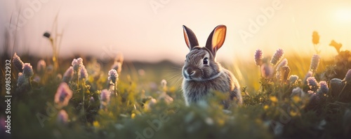  rabbits in the meadow in the afternoon photo