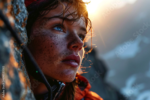 Portrait of a female mountain climber with a dramatic landscape in background sunset
