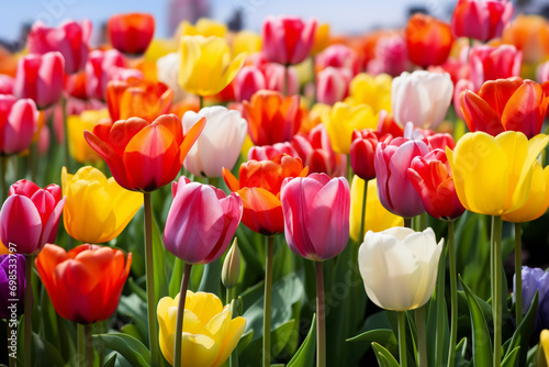 A vibrant field of tulips in various colors, creating a patchwork of blooms in a springtime garden.
