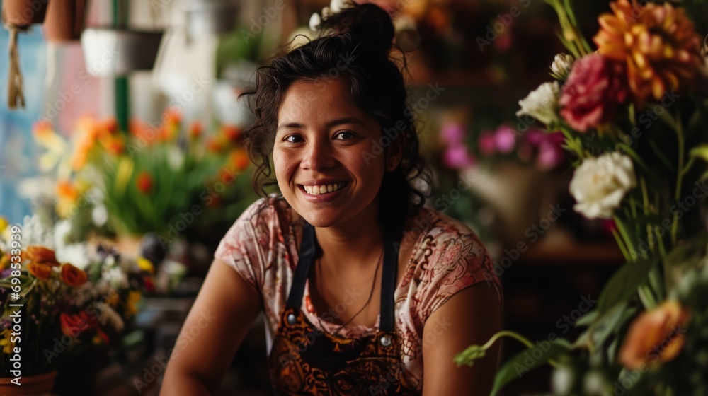 Cheerful Latin American woman in her flower shop. Florist in the flower business. Portrait of a female florist among flowers looking at the camera Cheerful Latin American woman in her flower shop. Florist in the flower business. Portrait of a female florist among flowers looking at the camera