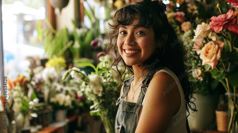 Cheerful Latin American woman in her flower shop. Florist in the flower business. Portrait of a female florist among flowers looking at the camera