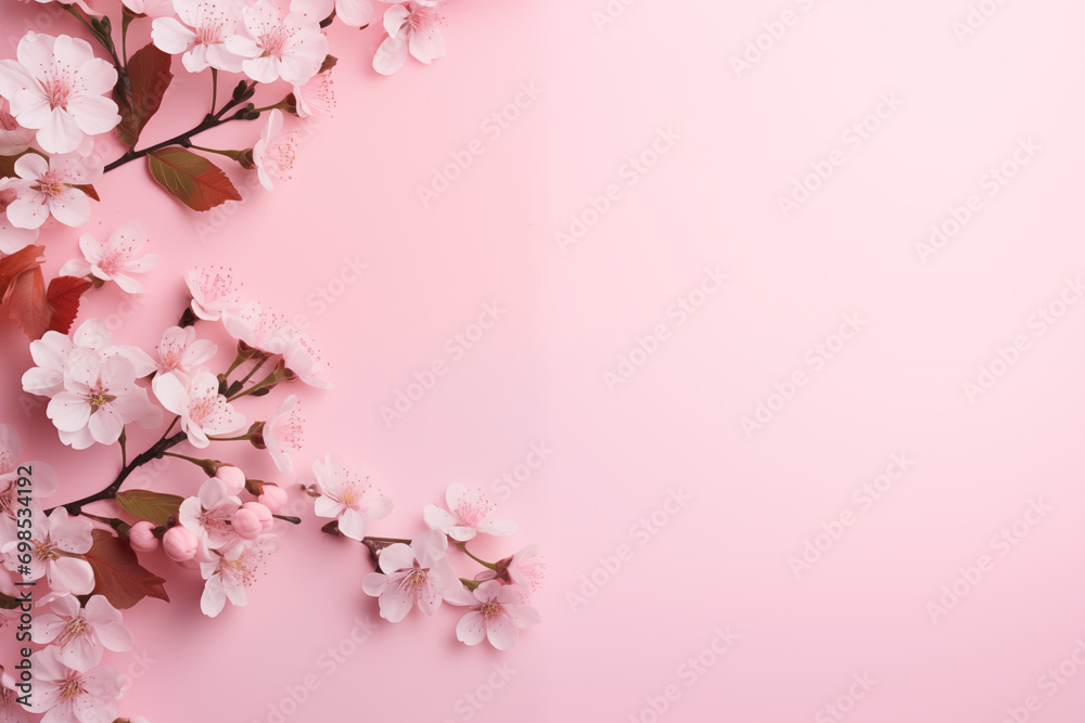 Beautiful white flowers on pink background. A card for Easter, Women's Day, Mother's Day, Valentine's Day with a place for text.