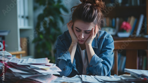 A worried young woman sits at a desk stacked with unpaid bills, her head in her hands. The chaos conveys her financial stress as a Gen Z navigating debt and economic instability